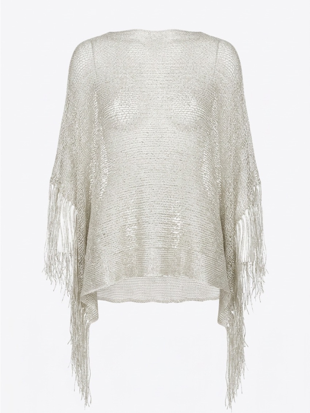 Ivory Metallic Open-Knit Fringe Poncho Shawl BOGO